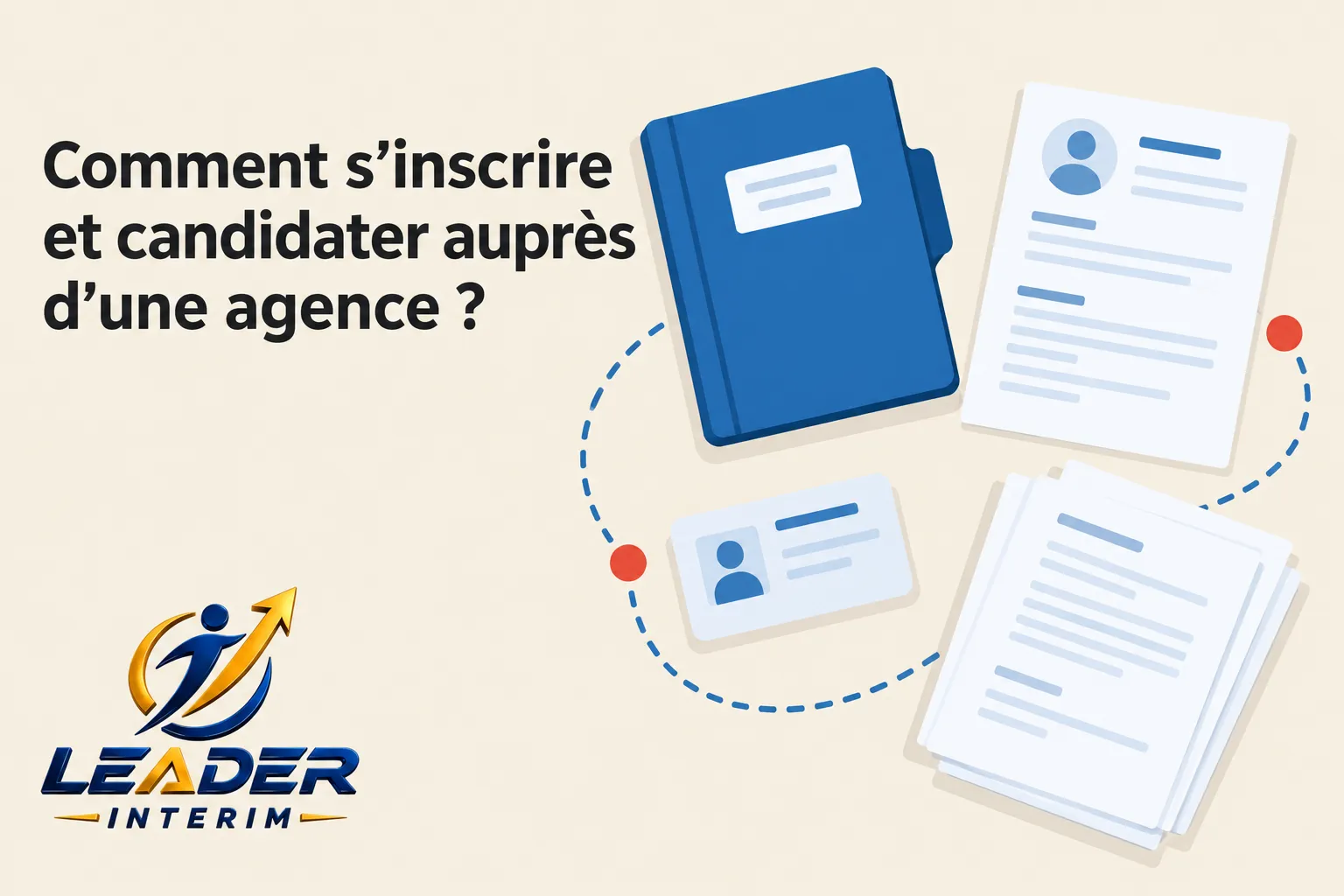 Texte: Un ensemble de documents et cartes professionnelles disposés autour, illustrant l’inscription et les candidatures