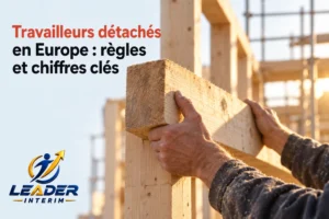 Travailleur détaché manipulant une poutre en bois dans un chantier de construction.